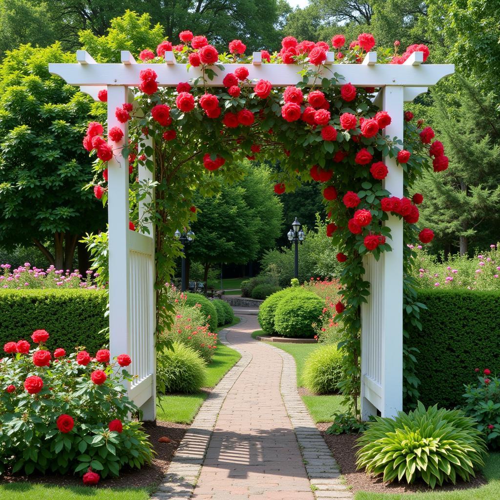 Red Climbing Rose Adorning a Garden Arbor