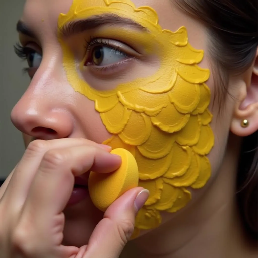 Applying yellow face paint for dragon scales