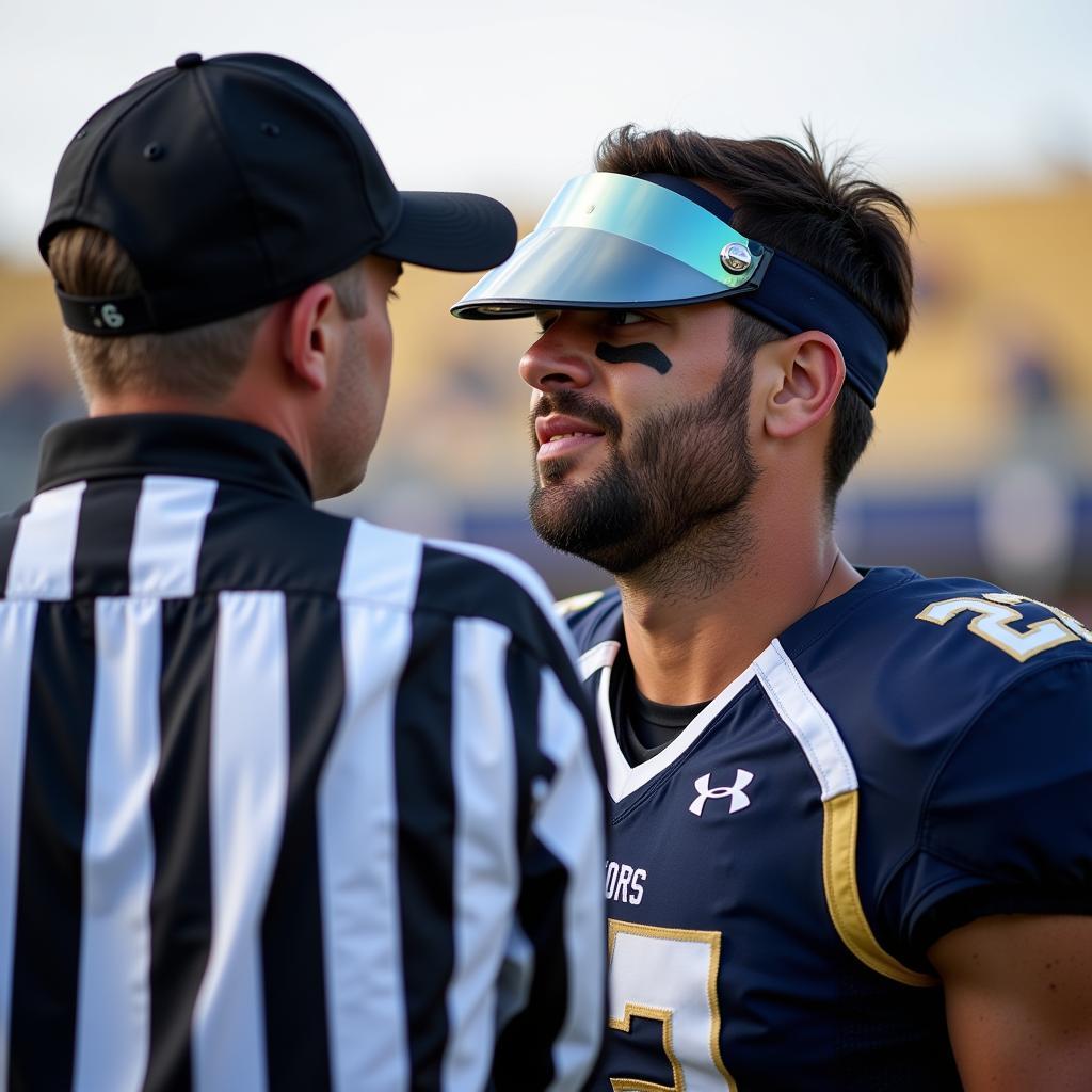 Referee inspecting a player's reflective visor