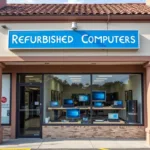 A storefront advertising refurbished computers for sale.