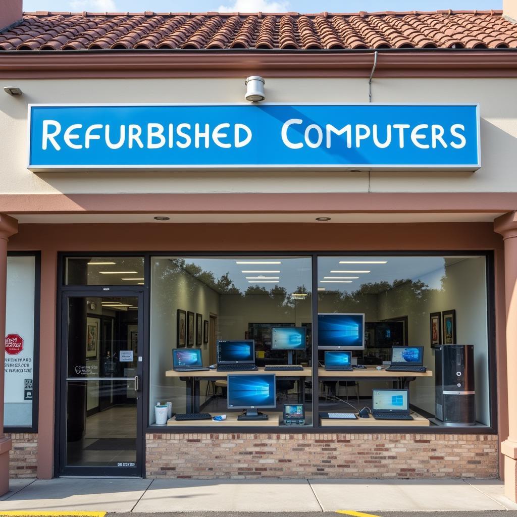 A storefront advertising refurbished computers for sale.