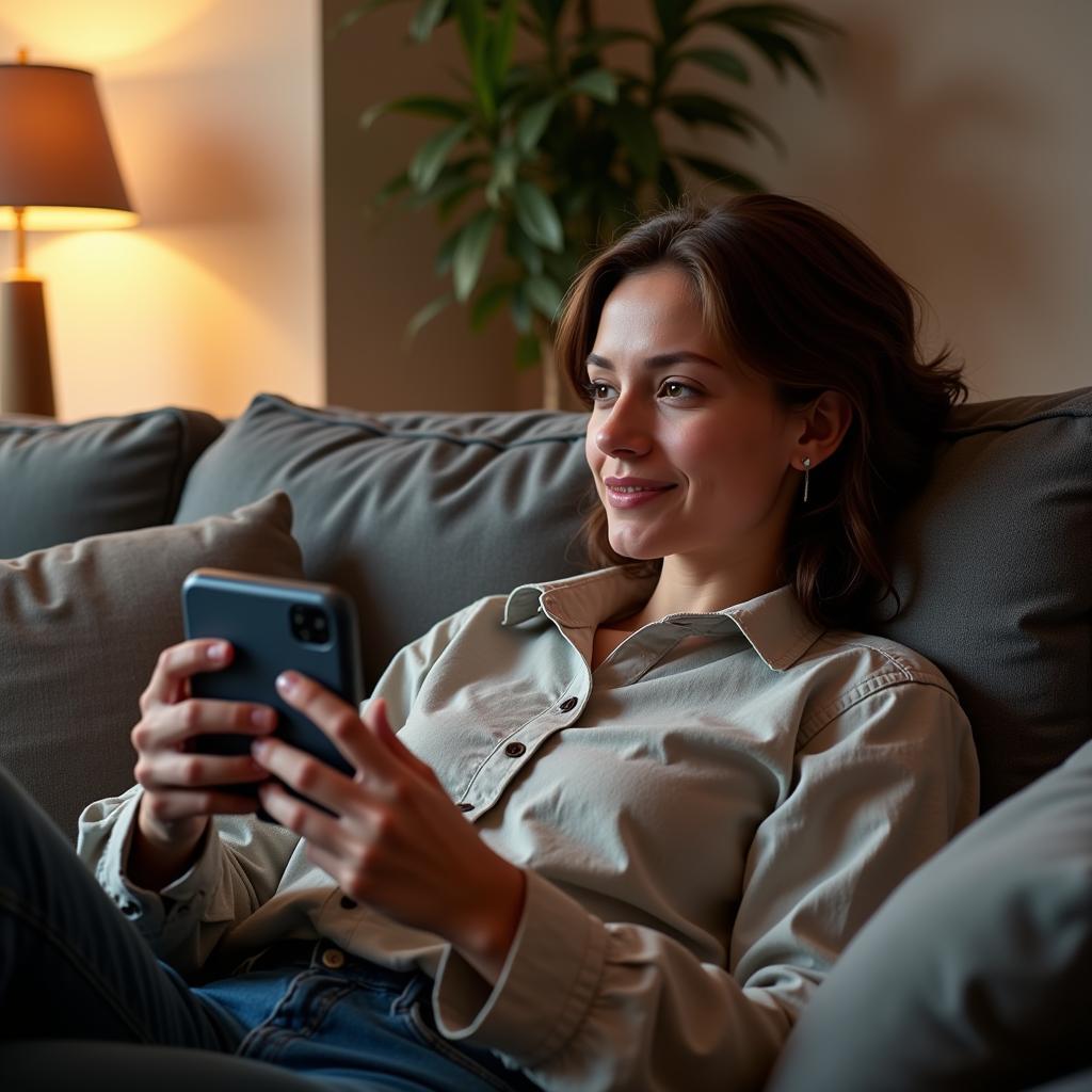 Person relaxing on a couch playing a mobile game