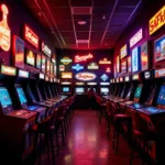 A collection of brightly lit retro arcade signs lining a wall in a game room