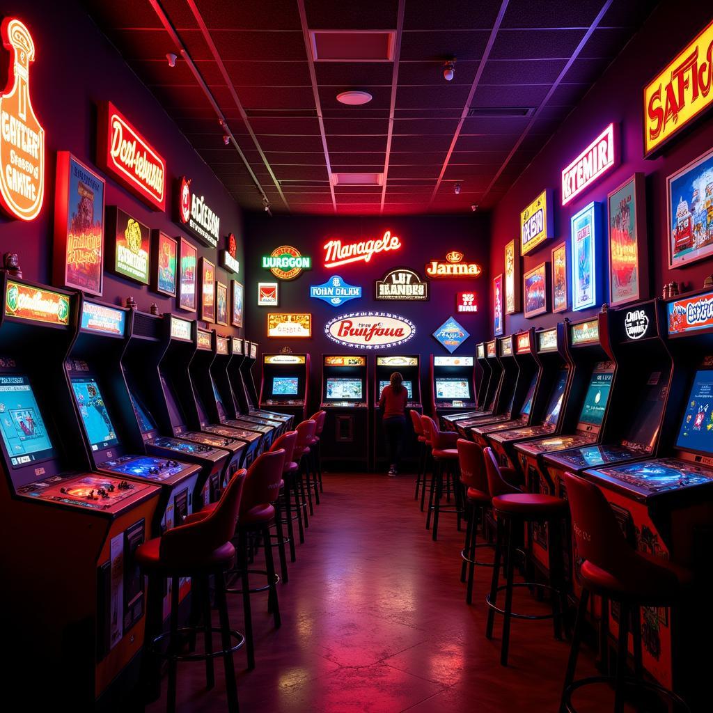 A collection of brightly lit retro arcade signs lining a wall in a game room