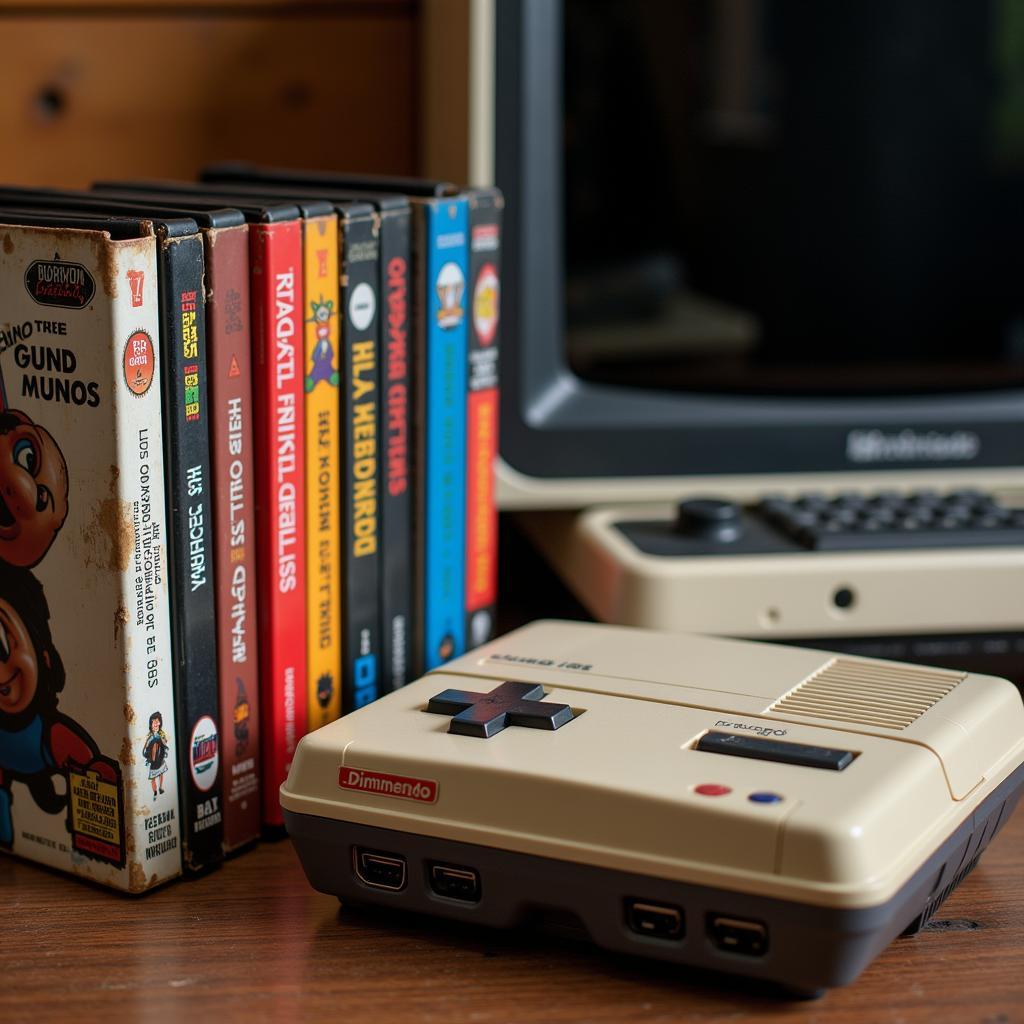 Classic gaming cartridges and consoles displayed on a shelf