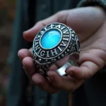 A close-up image of a Ring of Force Shield, radiating a faint blue aura, held in the hand of a seasoned adventurer.