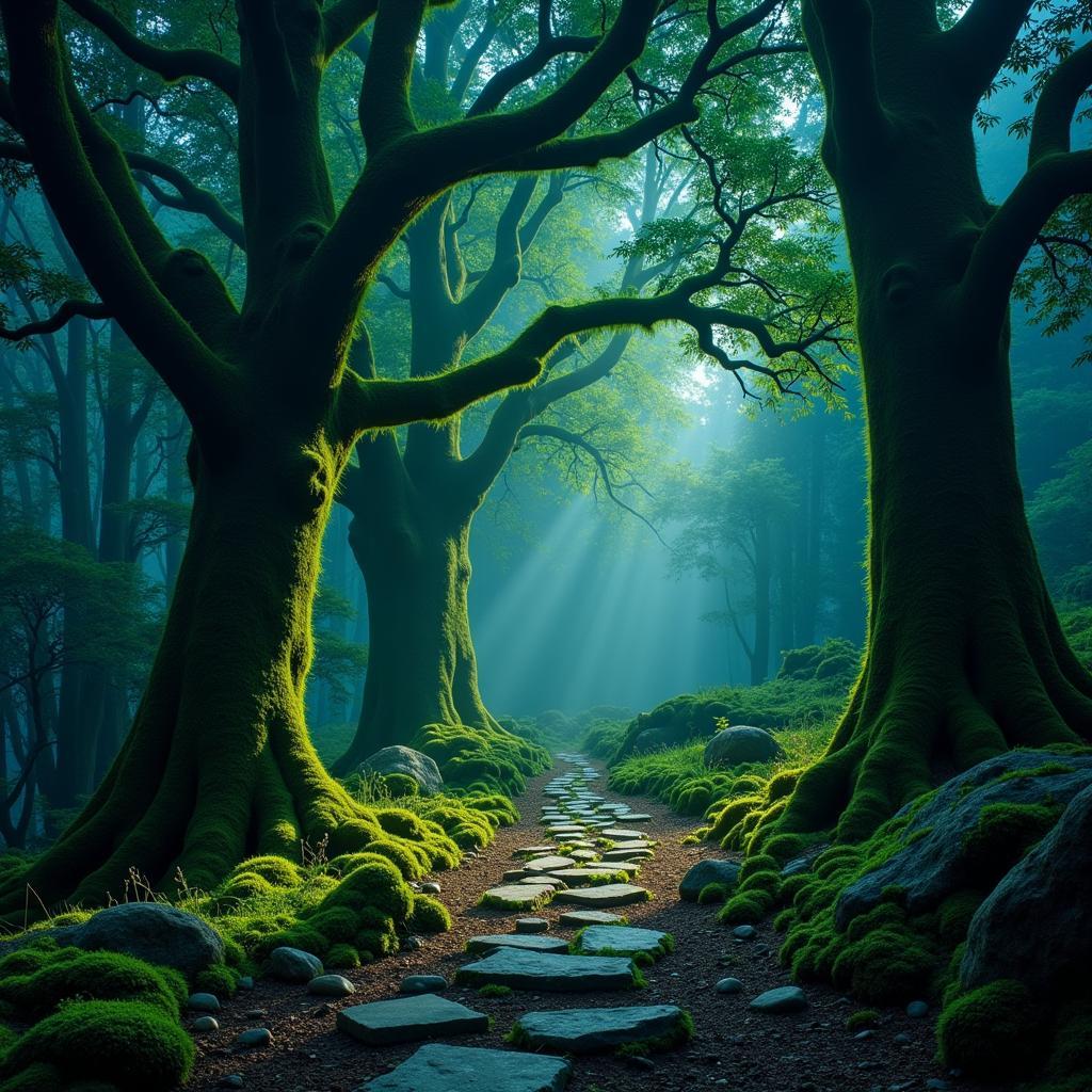 Mystical Forest Road in a Fantasy World