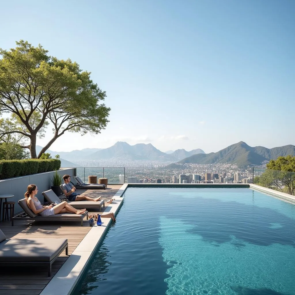 Residents Relaxing by Rooftop Infinity Pool with City Views