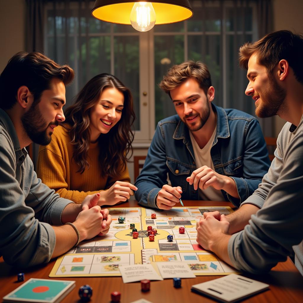 A group of friends engaged in an RPG session, dice rolling across the table.