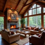 Rustic Cabin Living Room with Stone Fireplace