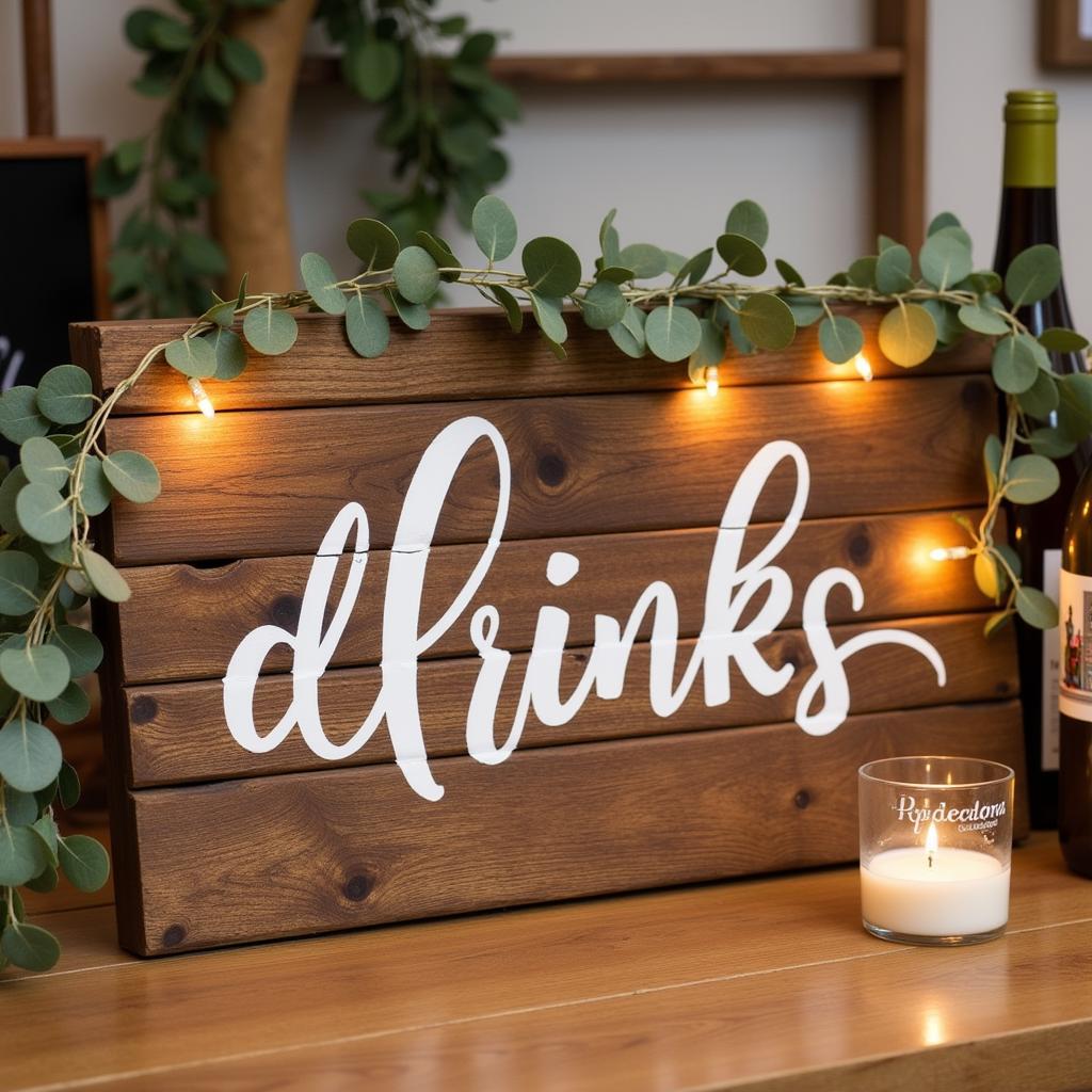 Rustic wooden drinks sign adorned with fairy lights and greenery