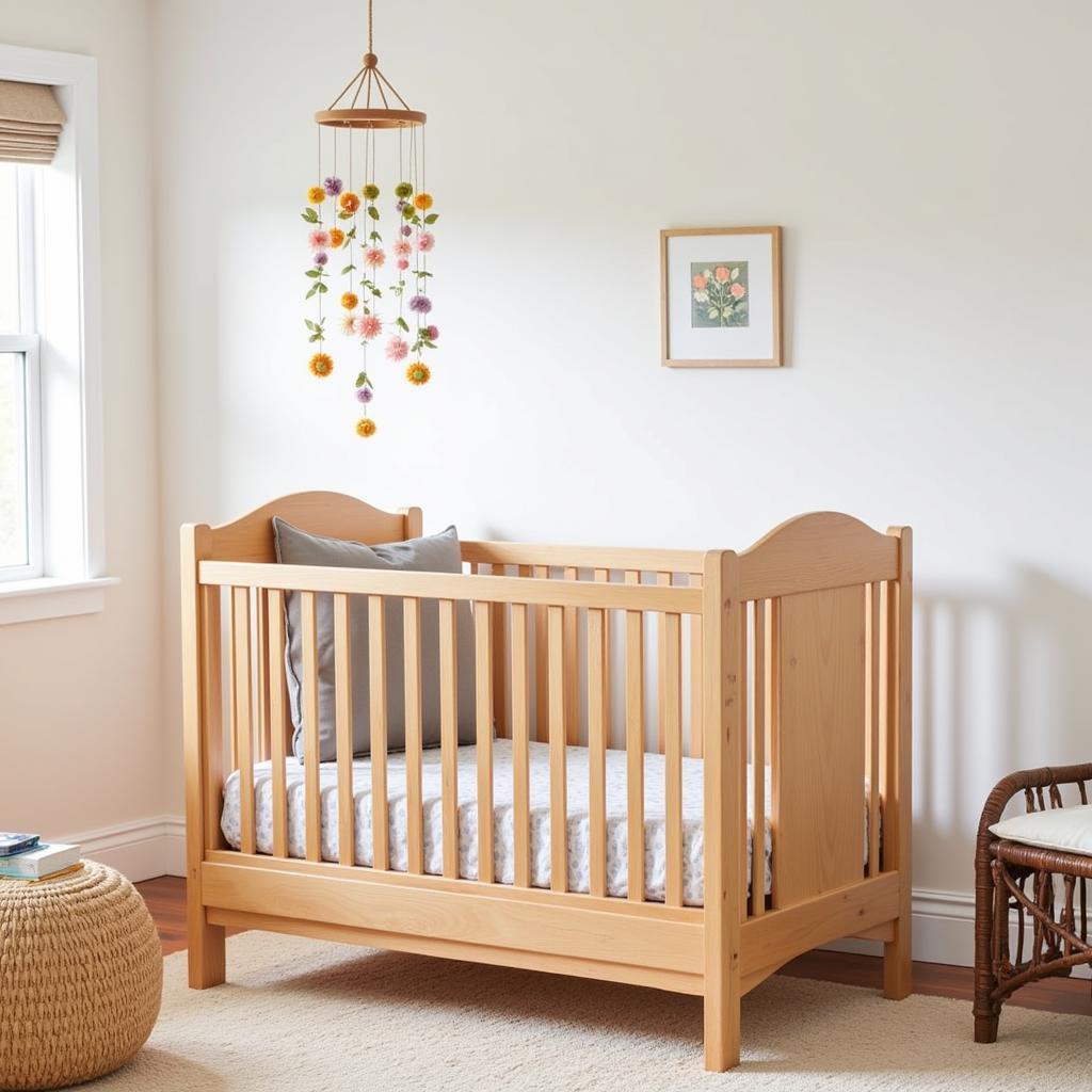 Rustic wooden crib with a floral mobile