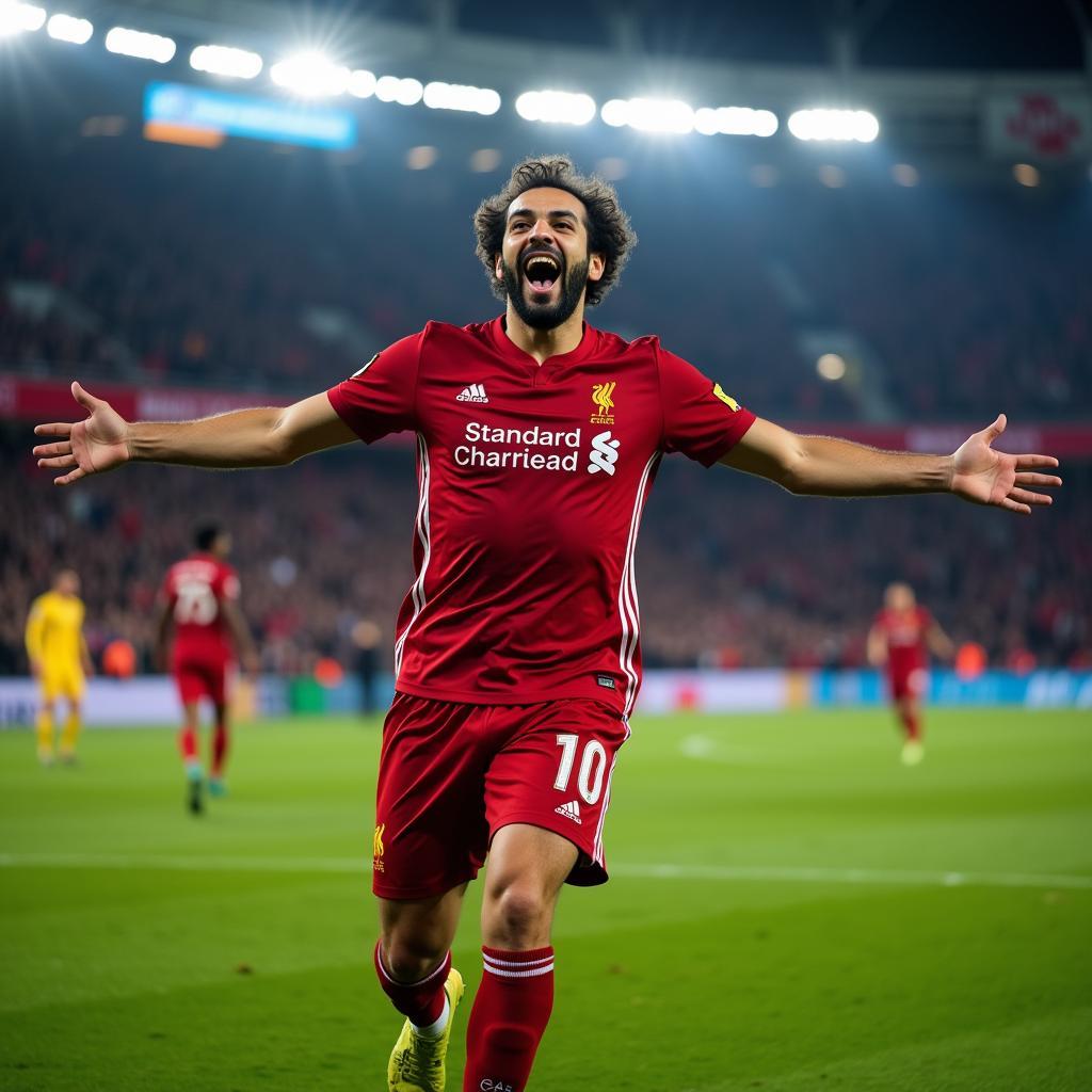 Mohamed Salah celebrating a goal with his signature celebration in FIFA 23