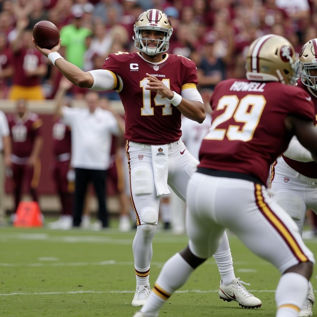 Sam Howell throwing a pass during a game