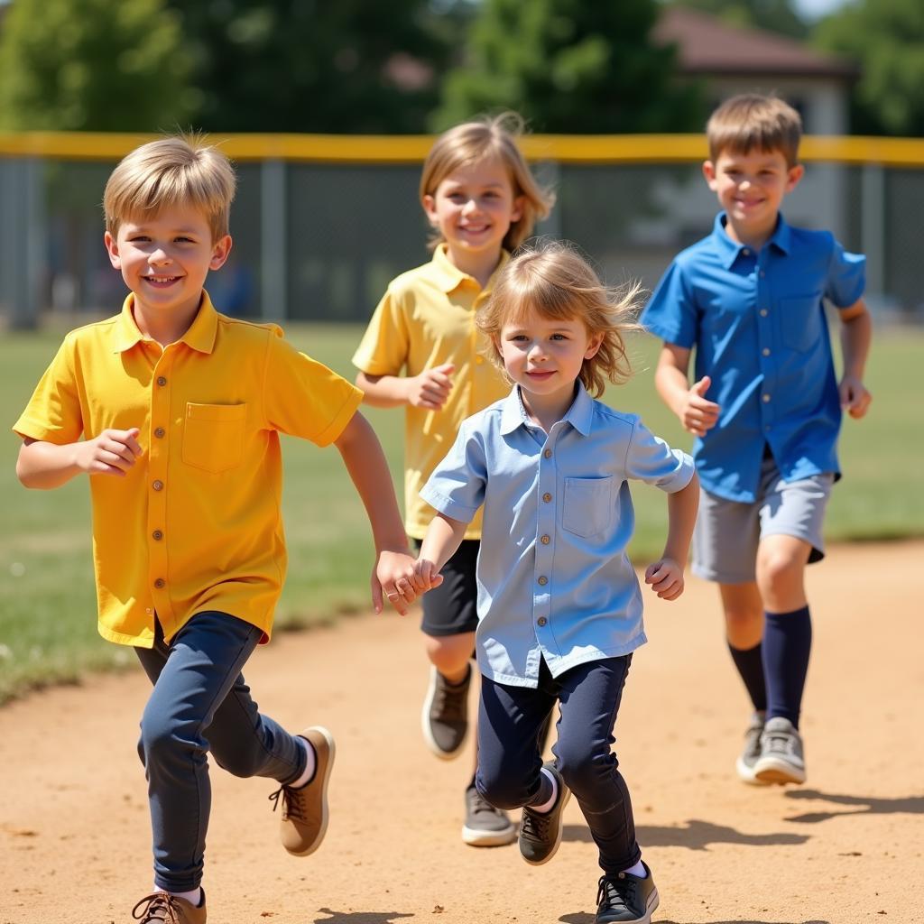 Children playing baseball in sandlot button downs