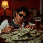 Tony Montana surrounded by money in Scarface