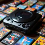 Sega Game Gear console surrounded by various game cartridges, showcasing its iconic design and hinting at the vast game library