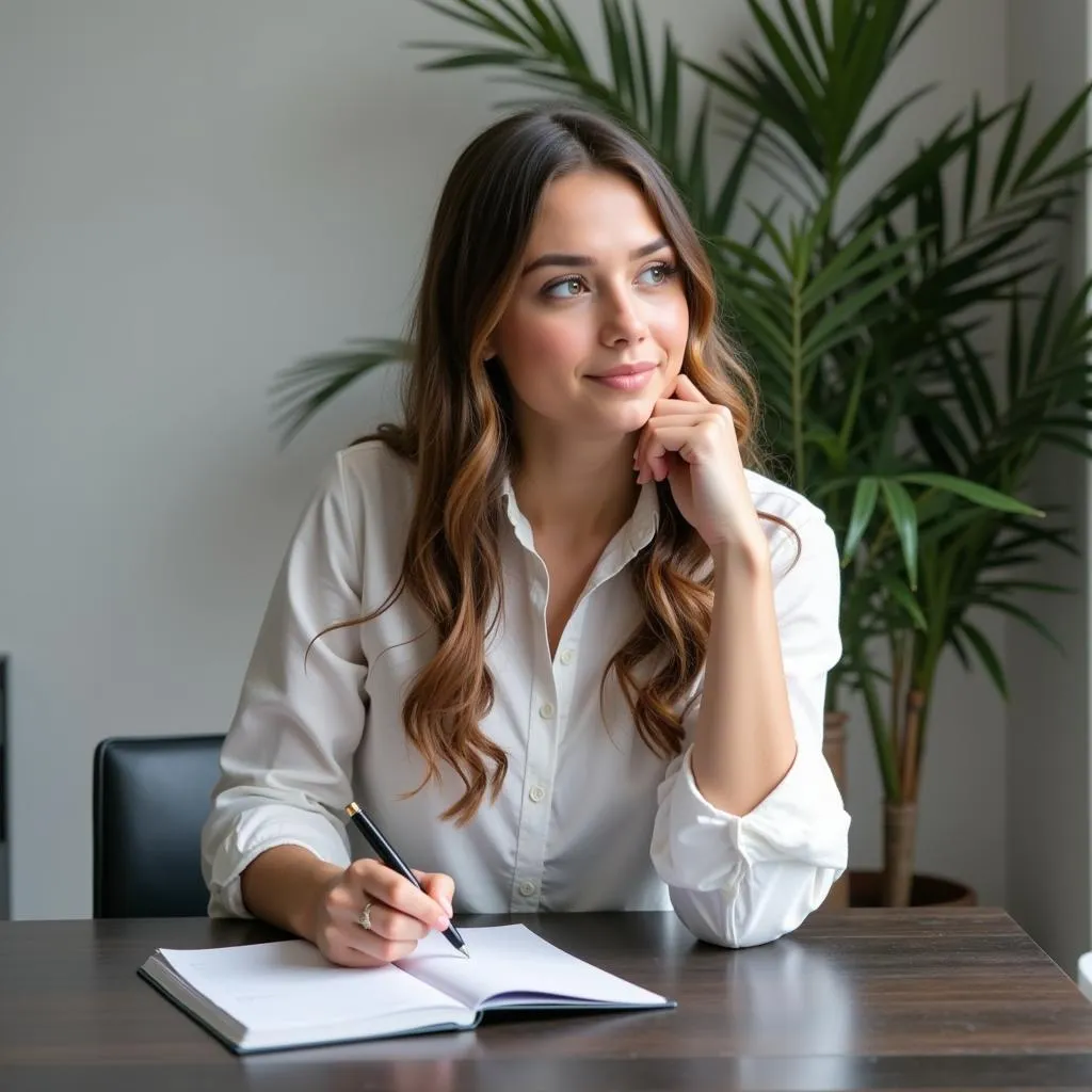 Woman Reflecting on Her Values in a Notebook