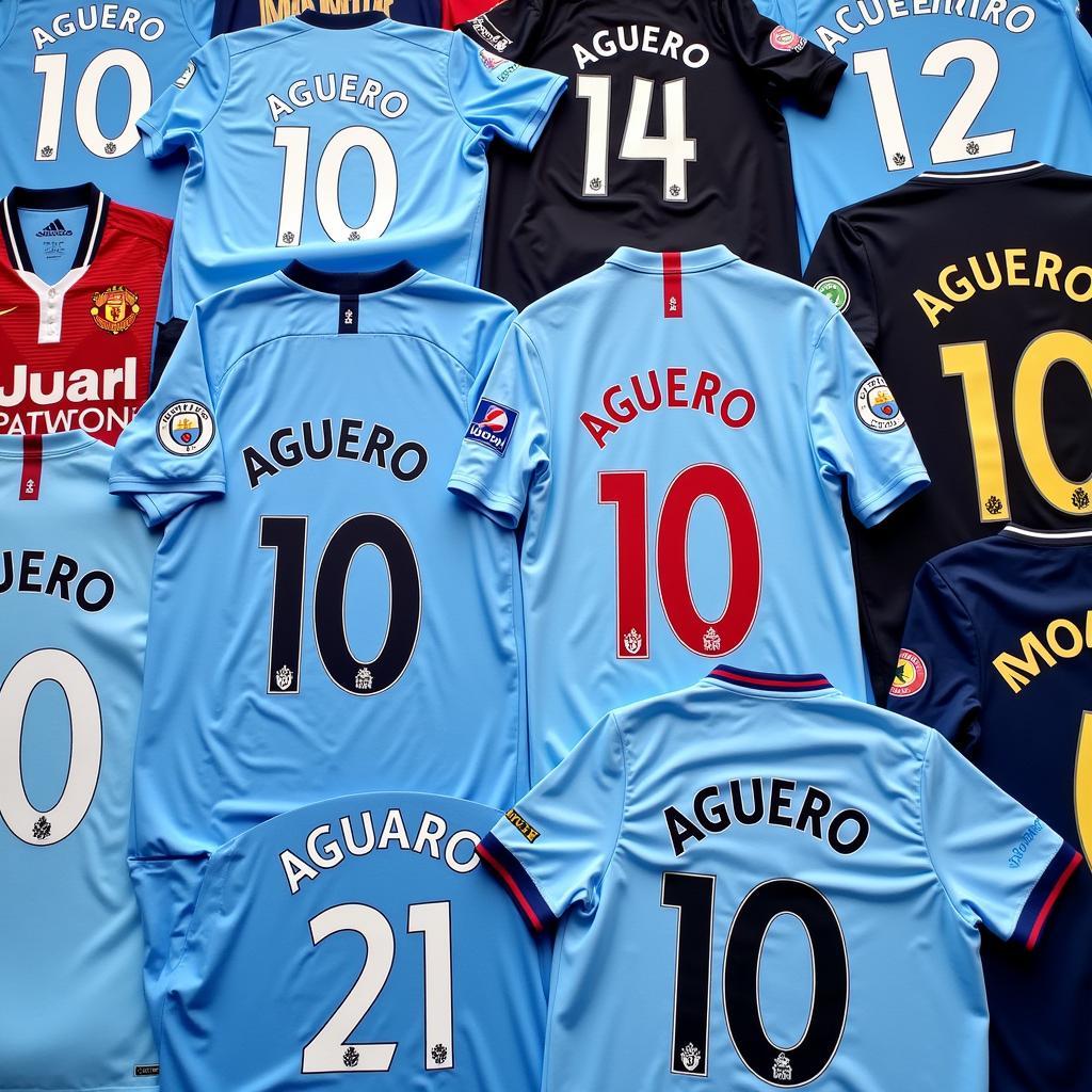 A collection of different Sergio Aguero jerseys from various seasons.