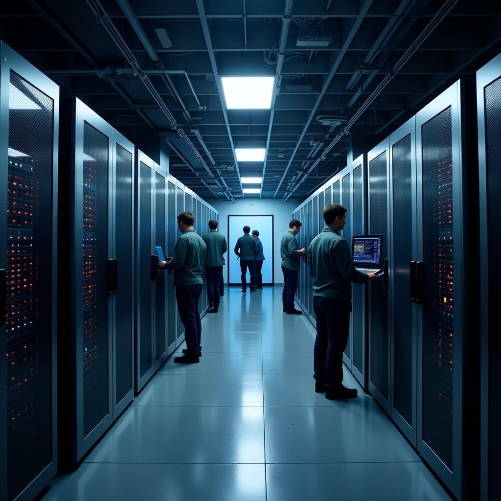 Technicians working in a server room to fix bad server problems