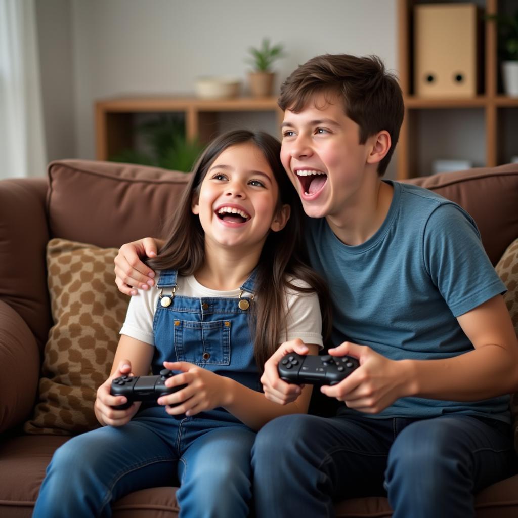 Two siblings playing video games together on a couch, laughing and having fun.