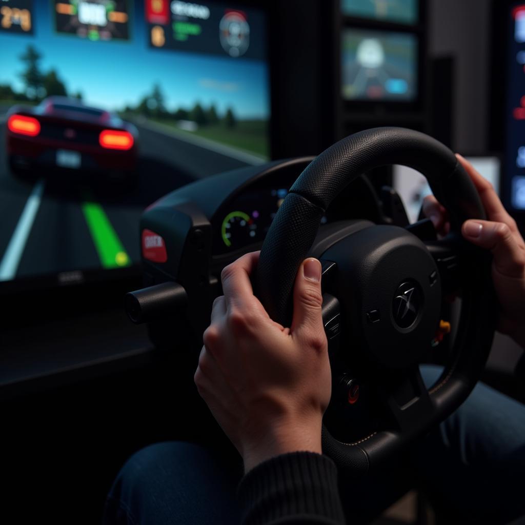 Sim racing enthusiast using a racing wheel with Xbox