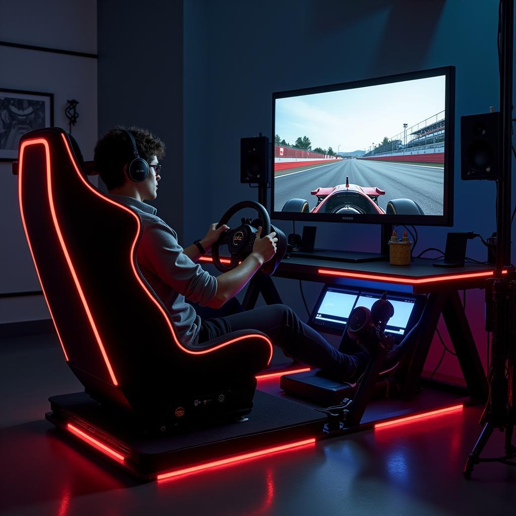 A sim racing setup featuring a high-end F1 headset