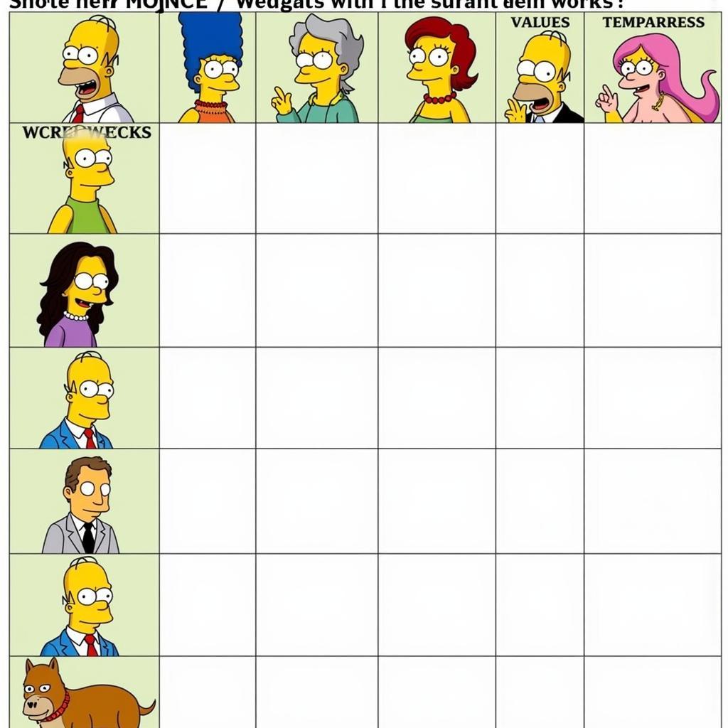 Chart comparing Simpsons characters' key traits