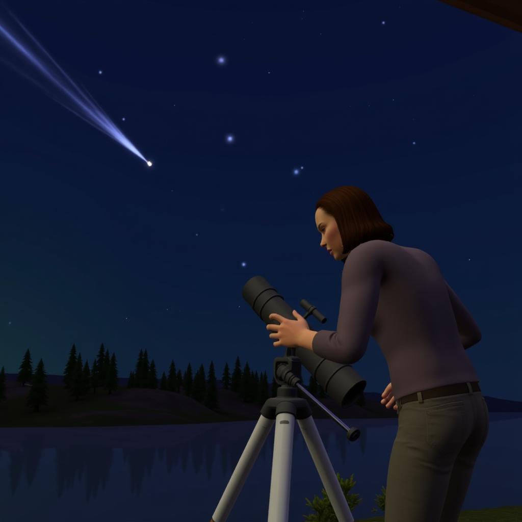 Sims 3 observing meteor shower with telescope