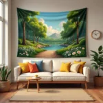 Sims 4 living room decorated with CC tapestry