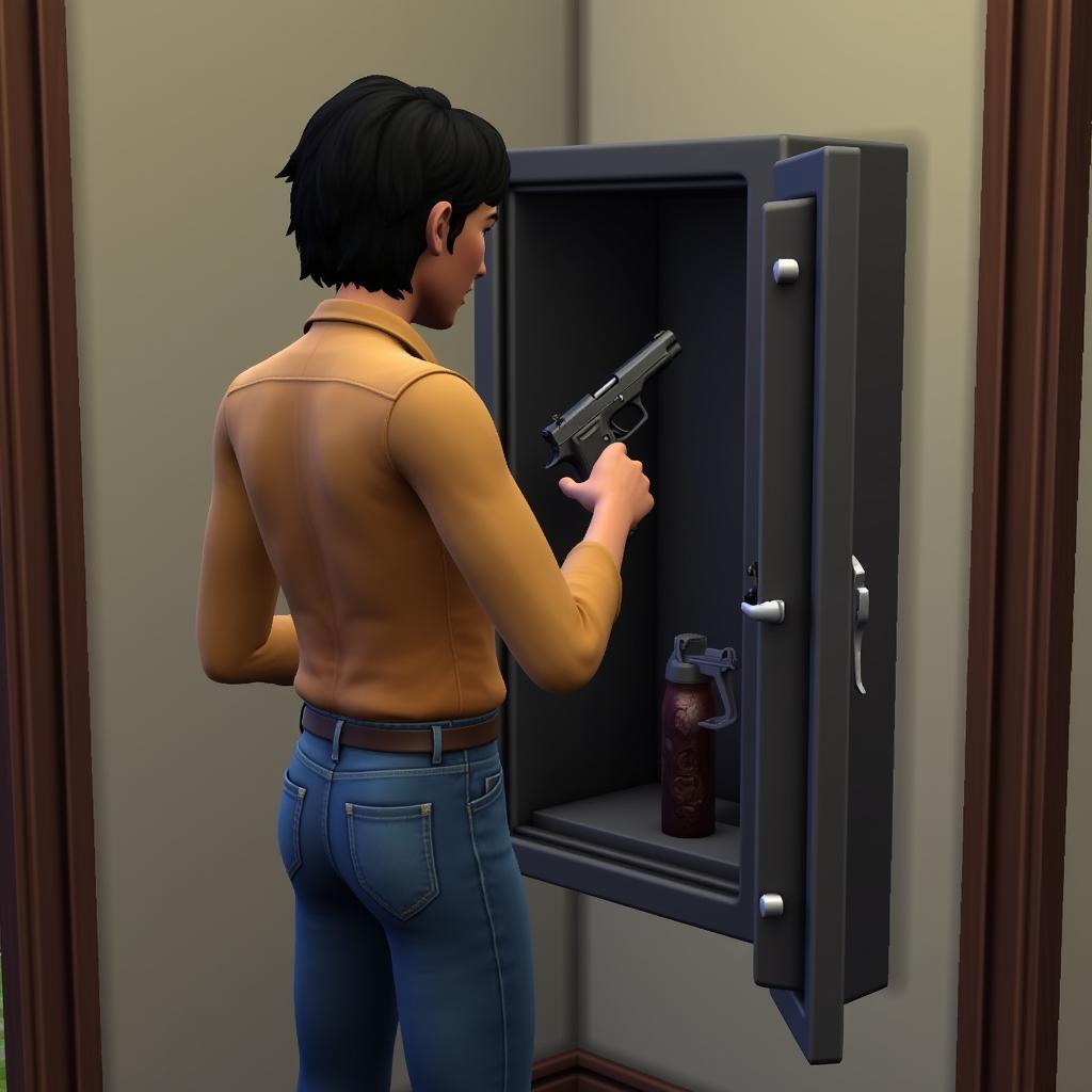 Sims 4 character putting away a gun