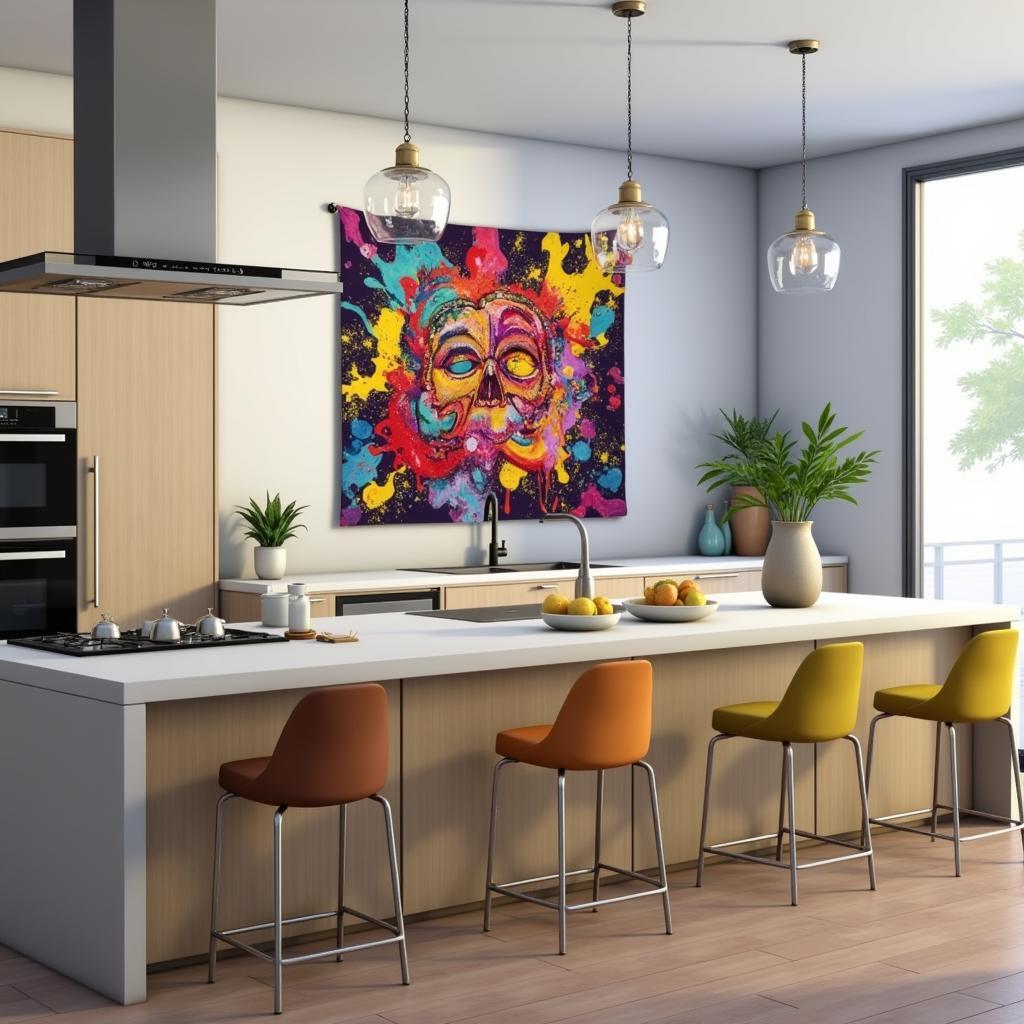 Modern Sims 4 kitchen with tapestry