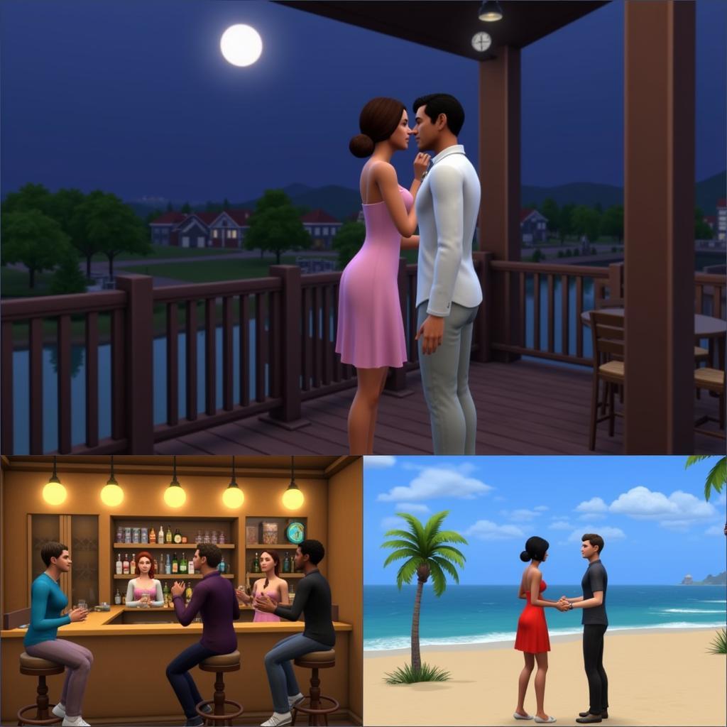 Sims engaged in romantic interactions in various settings