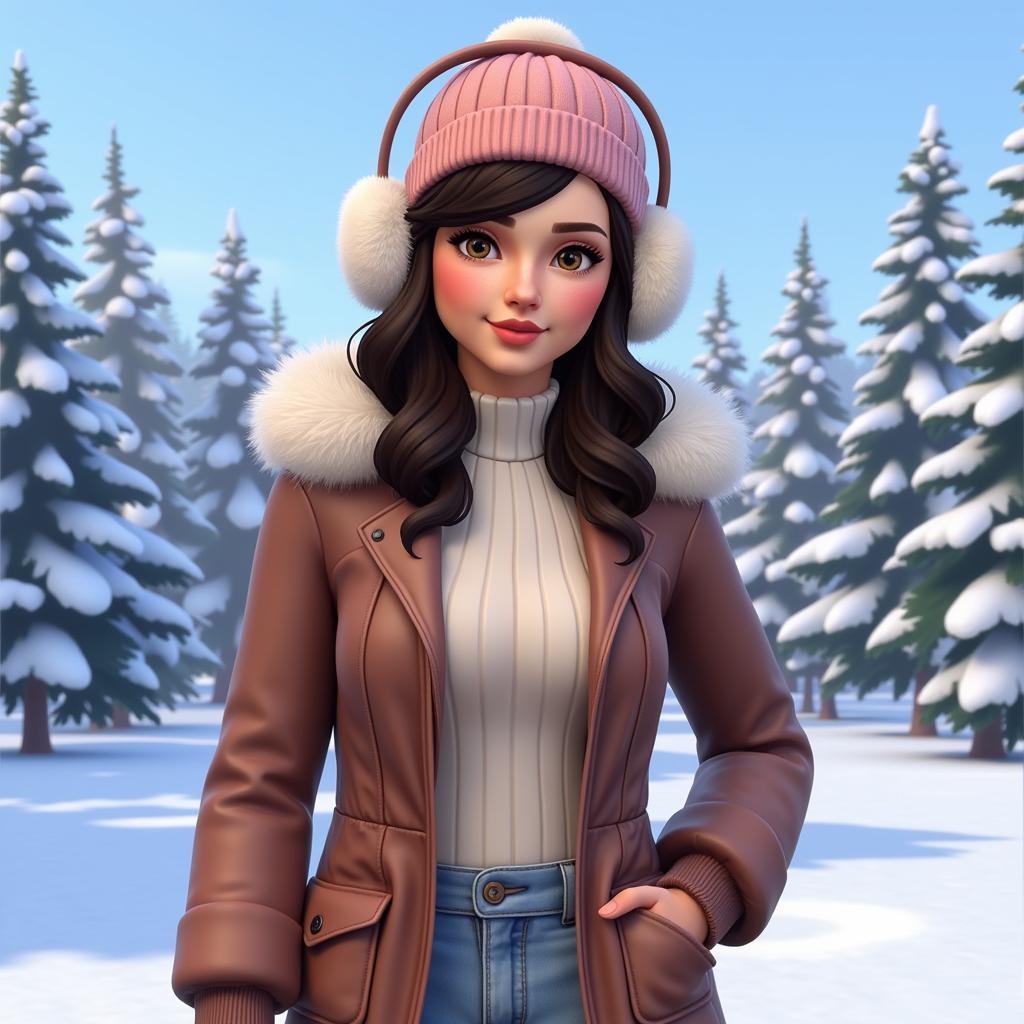 A Sim wearing earmuffs in a snowy environment