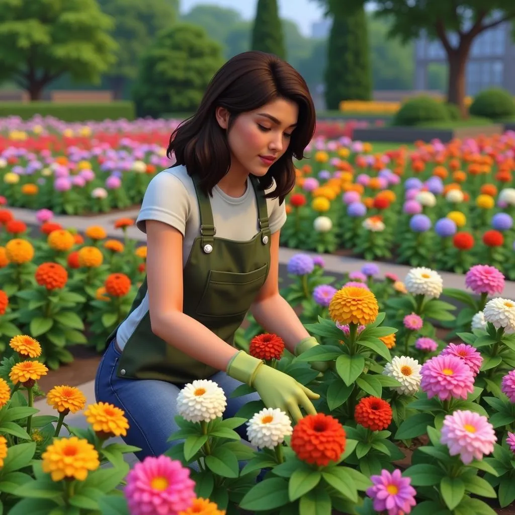 Sims character tending to a garden with various flowers.