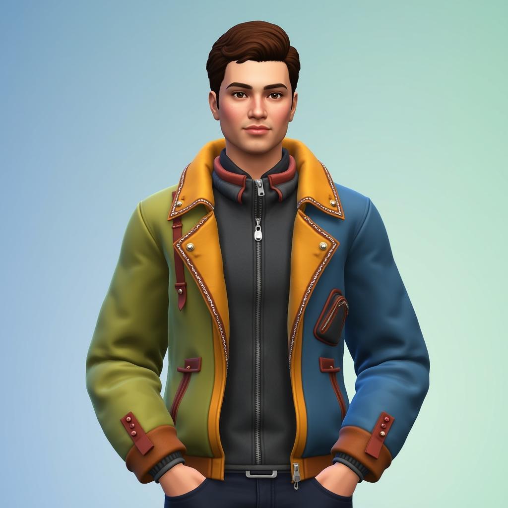 A Sims character wearing a custom-designed jacket