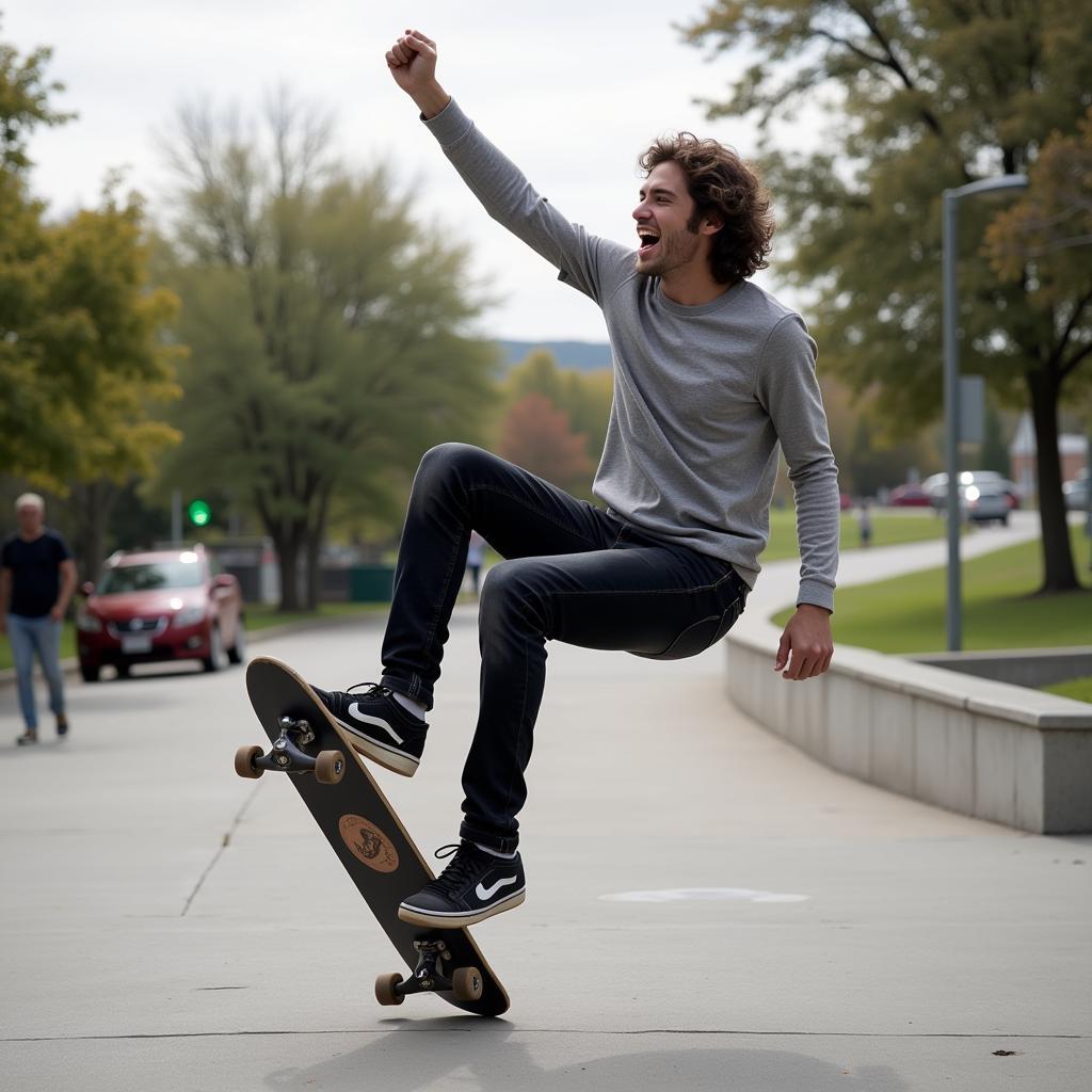 Skateboarder celebrating landing a trick