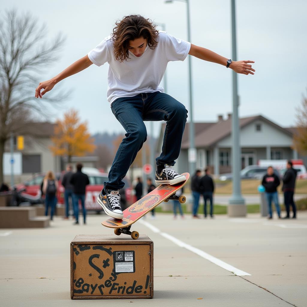 Skateboarder performing an ollie over a fun box