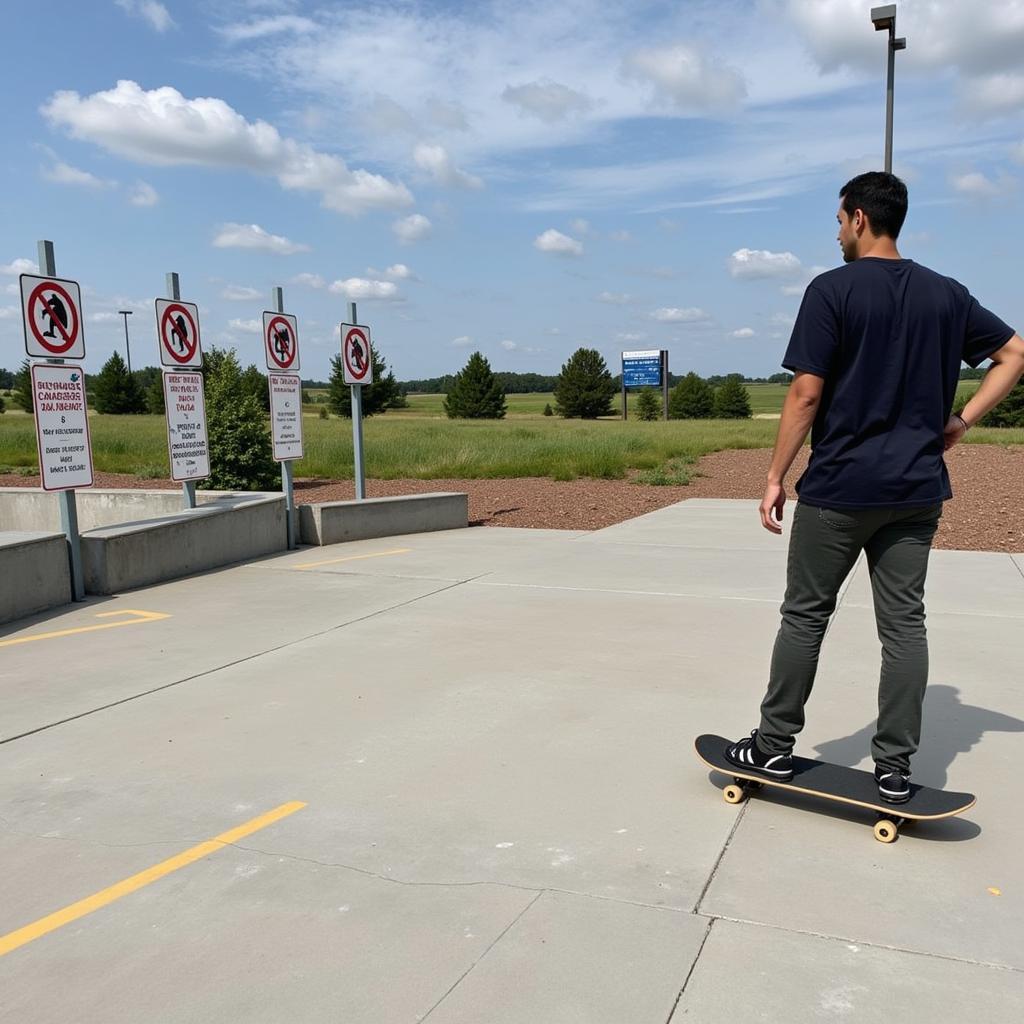 Skateboarder Studying Park Signs