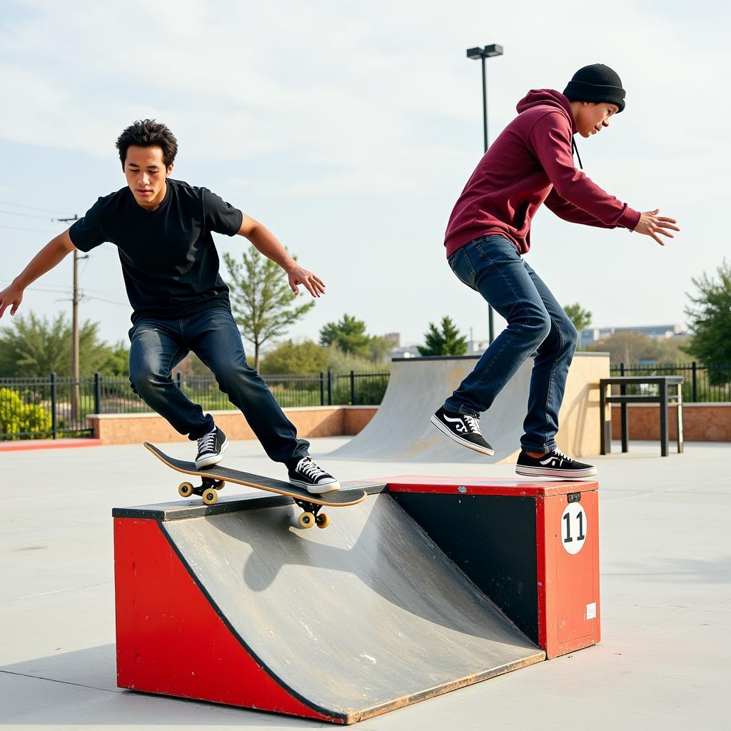 Skateboarders performing tricks on a fun box