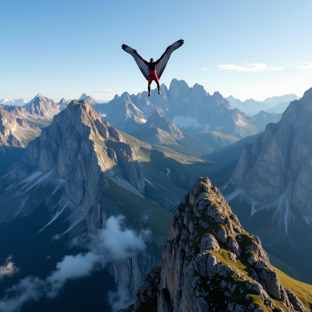 Wingsuit pilot flies over a majestic mountain range