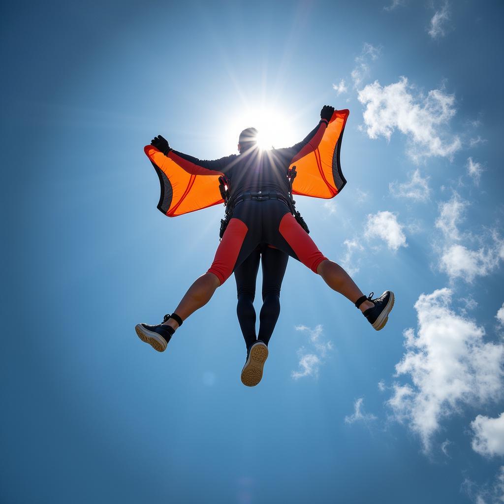 Skydiver in a wingsuit soars through the air