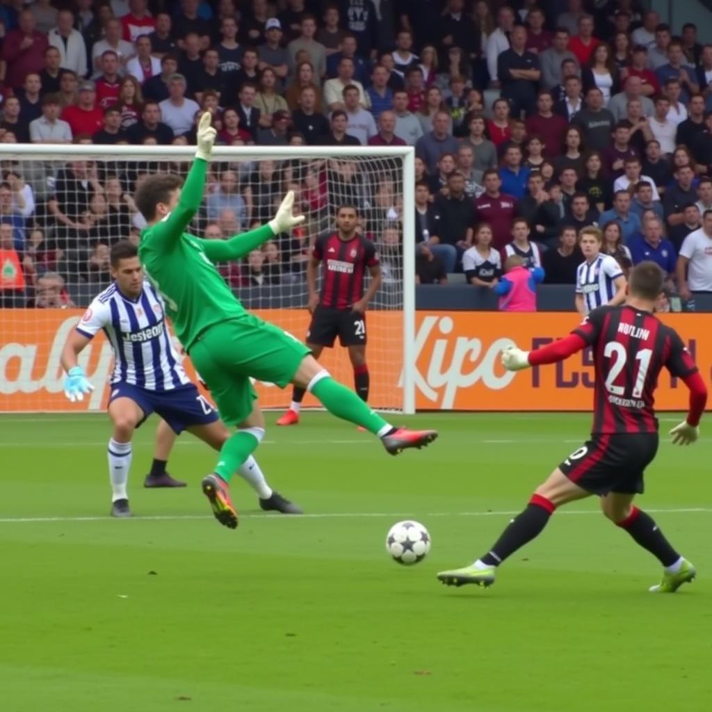 Slavia Praha goalkeeper making a crucial save against AC Milan