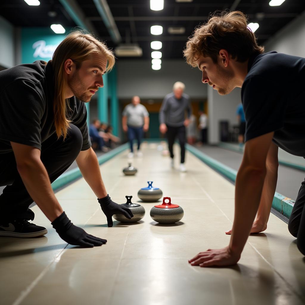 Players strategizing during a sliding puck game