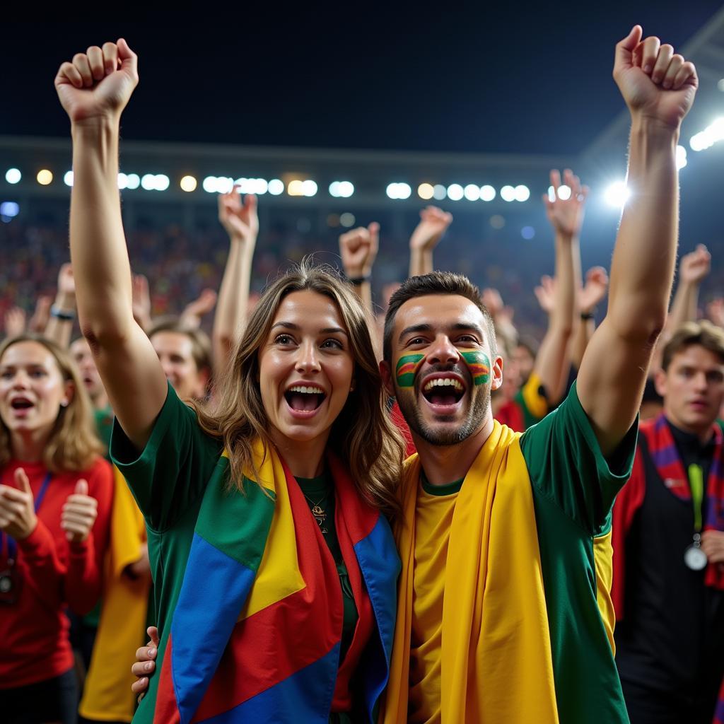 Two people cheering in a crowd of soccer fans