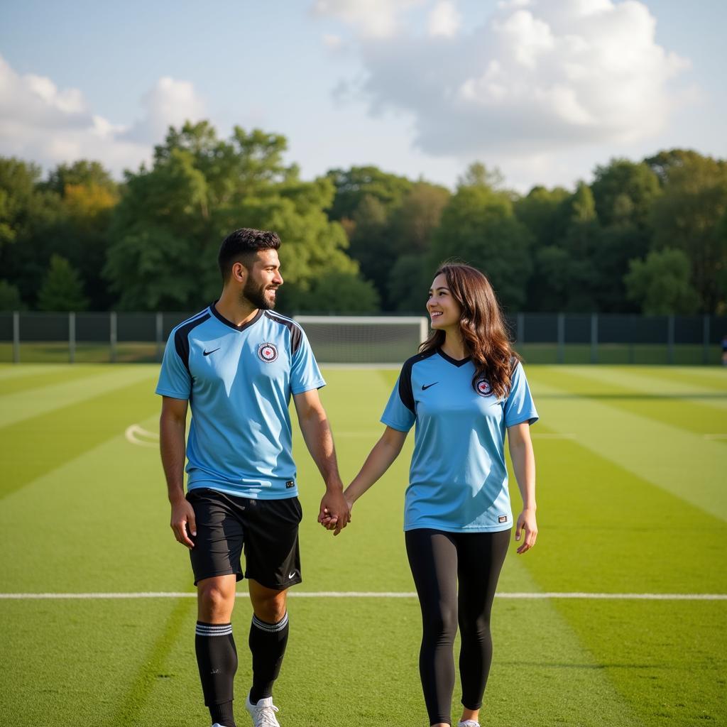 Couple holding hands on a soccer field