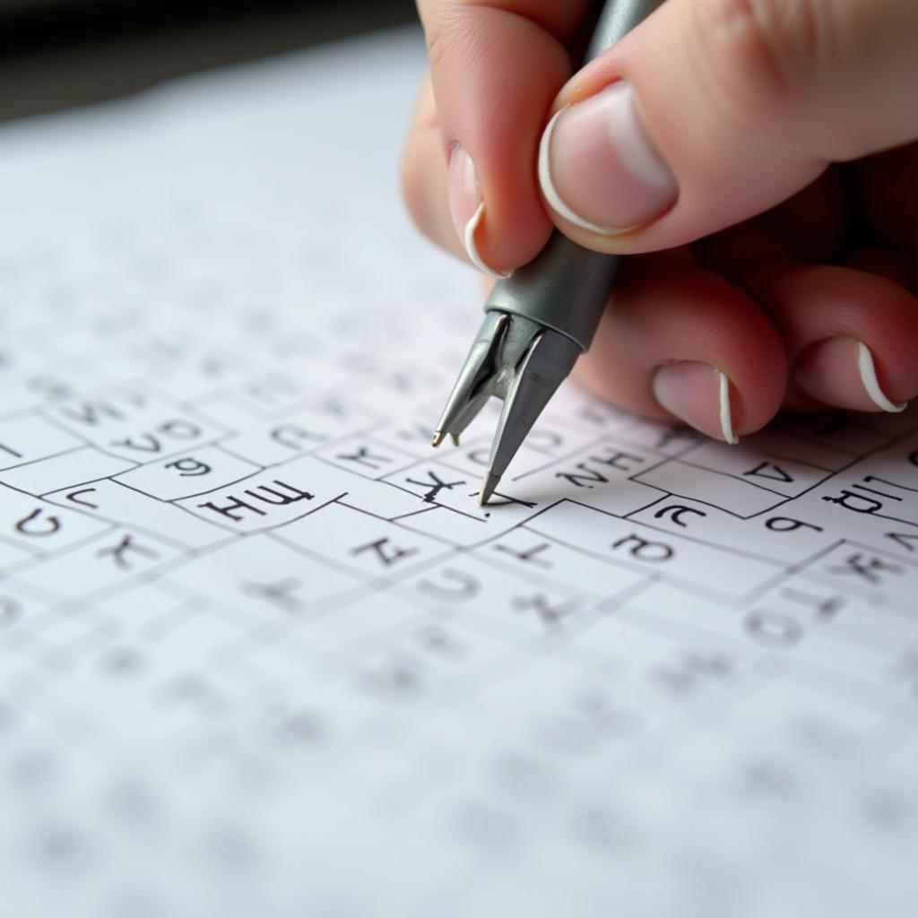 Person working on a crossword puzzle with a pen