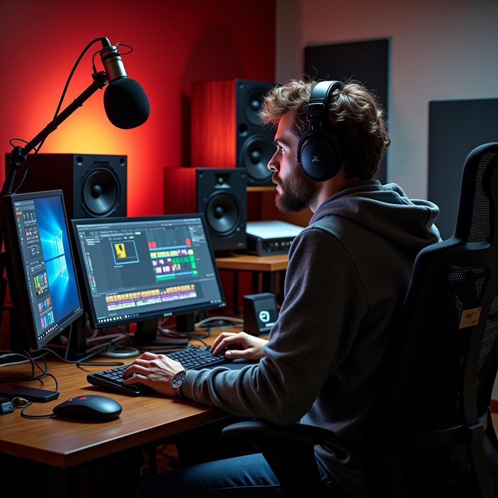 Sound designer working in a professional studio