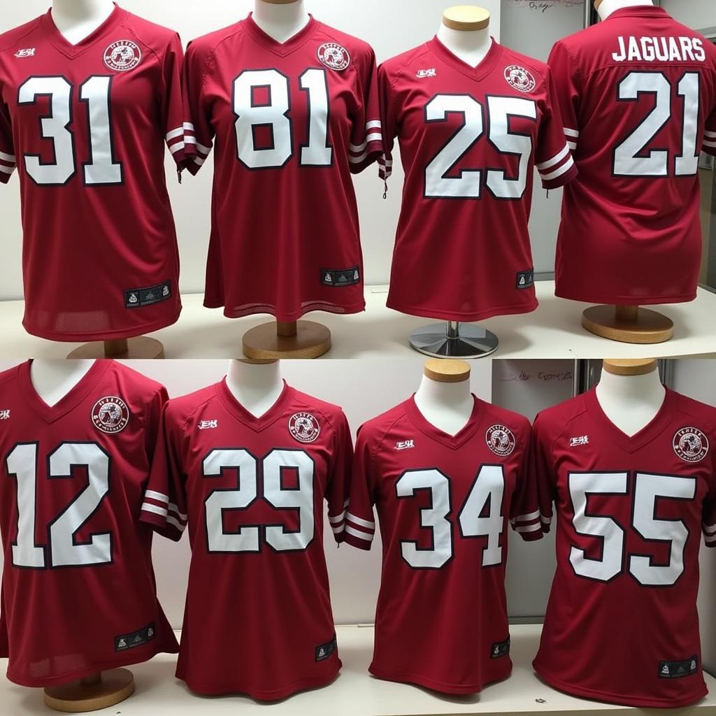 Different sizes of South Alabama Jaguars football jerseys