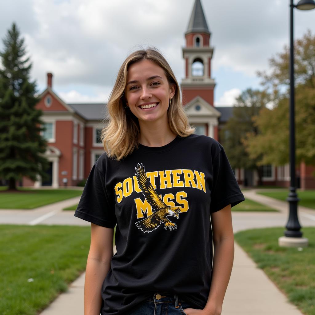 Southern Miss student proudly sporting a Golden Eagle t-shirt